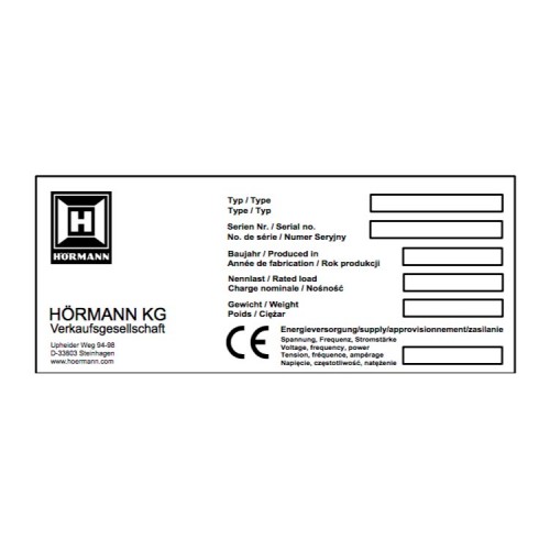 HORMANN 308743 Заводская табличка, заполненная